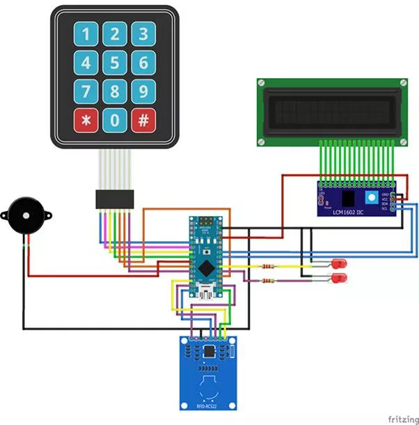 Схема соединений, показывающая соединение между Nano, LCD, клавиатурой, RFID и звуковым сигналом